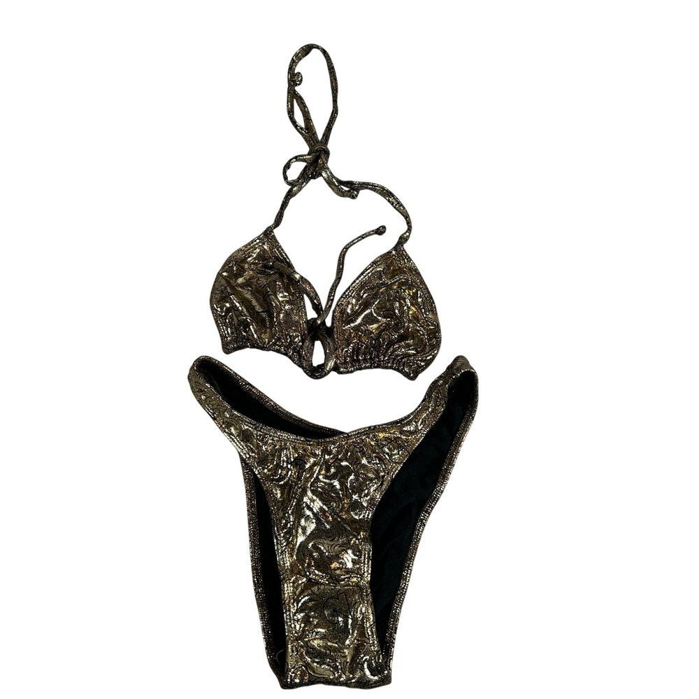 Zuliana Y2K Gold Metallic Textured Bikini Set High Cut Triangle Top Medium USA
